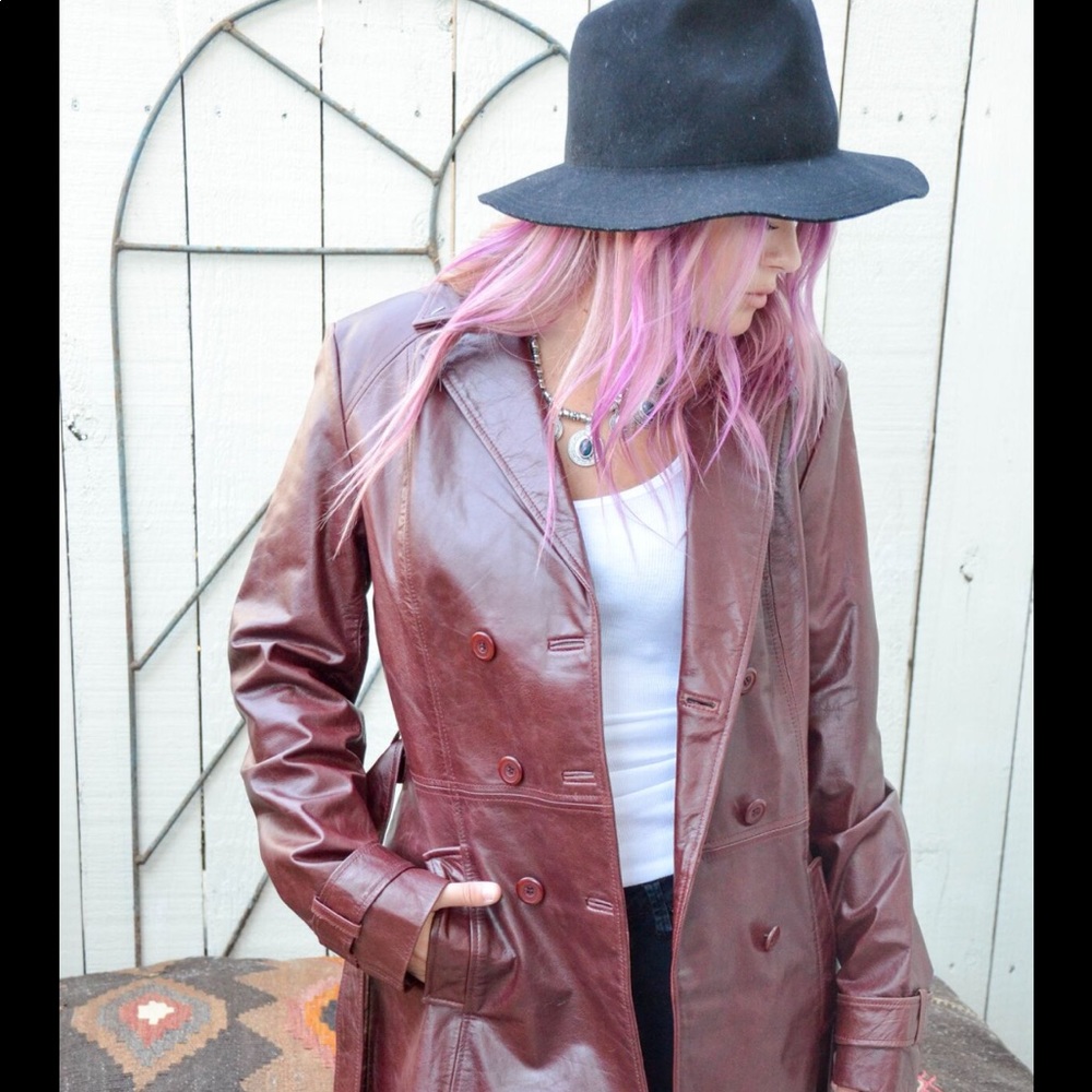 Vintage maroon maxi leather jacket.